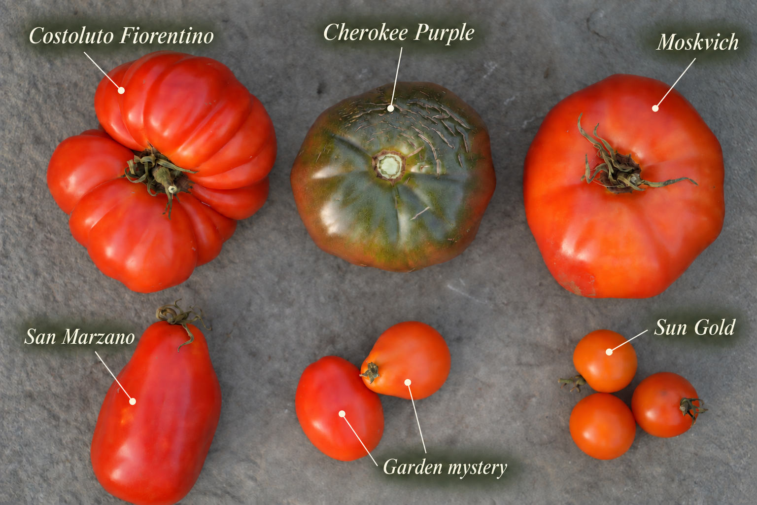 Costoluto Fiorentino, Cherokee Purple, Moskvich, San Marzano, Sun Gold, and two mystery tomatoes arranged and labeled on a gray stone surface